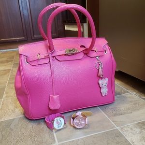 Pink Lock Leather Birkin Handbag & Charm & Watches